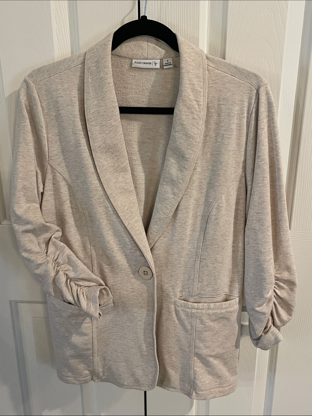 Susan Graver Soft Shawl-Collar Cardigan in Light Taupe